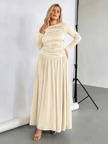 Auralis 大码长裙秋季连衣裙长袖连衣裙高弹舒适连衣裙秋季女装秋季优雅女士连衣裙女士秋季连衣裙端庄端庄连衣裙 - 杏色 - 查看 3