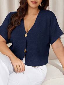 Auralis Plus Size Solid Color Short Sleeve Sweater, Suitable For Commuting Autumn Winter Clothes For Women - Navy Blue - View 7