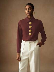 Vesra Women's Floral Button Solid Color Loose Long Sleeve Shirt Button Shirt - Redwood - View 4