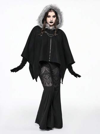 Plus Size Women Gothic Asymmetrical Hem Hooded Cloak Jacket With Fur Collar, Suitable For Halloween, Winter
