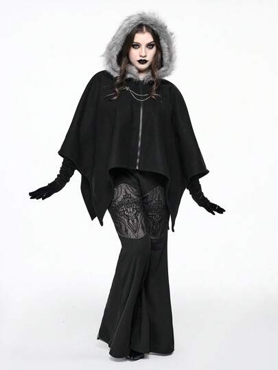 Goth Femmes grande taille Cape à capuche gothique asymétrique avec col en fourrure, convient pour Halloween, l'hiver