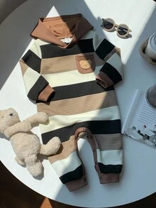 SHEIN 新生儿男女通用卡其色条纹卡通熊连帽连体衣，秋冬季婴儿服装，男婴服装，棕色摩卡色婴儿服装，秋冬季婴儿服装 - 彩色 - 查看 6
