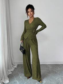 Lyxana 女士纯色裹身上衣和裤子两件套西装，通勤风格 - 橄欖綠 - 查看 5