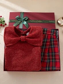 Souflis Souflis 2pcs/Set French 2025 Autumn/Winter New Christmas Element Big Bow Thick Red Long Sleeve T-Shirt Matched With Plaid Pleated Skirt, Suitable For School, Outing, And Play, Girls Outfit - Burgundy - View 1
