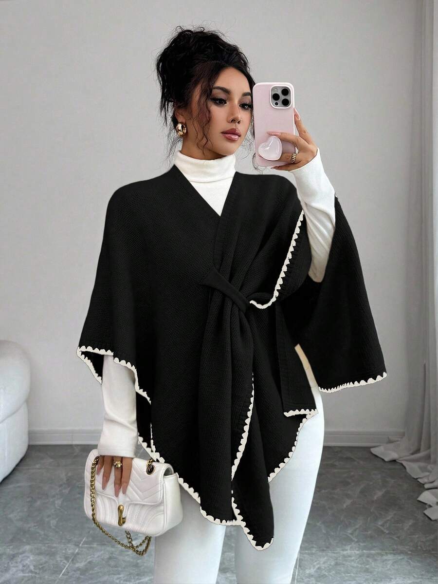 Elenzga Áo khoác len cardigan dệt kim đơn giản hàng ngày sang trọng, thời trang thu/đông mới cho nữ - màu đen - Xem 1