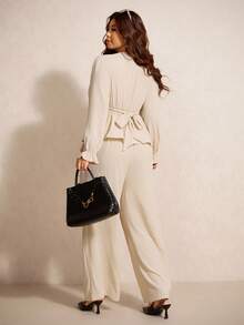 Elaquor Plus Size Casual Solid Color Cinched Waist 2 Piece Set For Women Office Old Money - Apricot - View 2