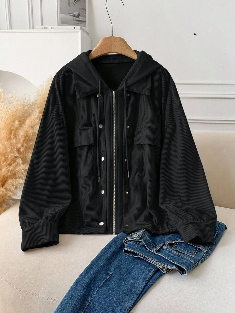 CosyJoli 大码女式二合一设计休闲夹克，连帽灯芯绒夹克，杏色，适合通勤，百搭，秋冬新款 - 黑色 - 查看 1