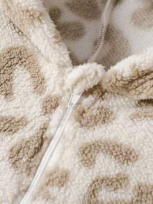 女士豹纹长袖连帽连体衣，带3D耳朵设计，毛茸茸的，冬季款 - 米色 - 查看 5