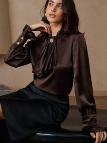 Aveloria Zanirela Hochwertig designte Bluse mit Rüschenkragen und Goldknöpfen, eleganter Pendler-Stil - Braun - Übersicht 2