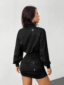 SHEIN PETITE Váy ngắn xếp ly tay đèn lồng thanh lịch dành cho nữ, váy cổ lọ bó sát, vải có họa tiết, đi làm, tối giản, công sở, phong cách cổ điển, đơn giản, thu/đông, - màu đen - Xem 2