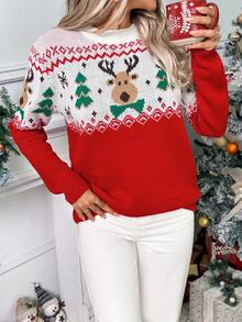 EMERY ROSE Women's Round Neck Drop Shoulder Deer Pattern Jacquard Knit Pullover Sweater Christmas - Multicolor - View 3
