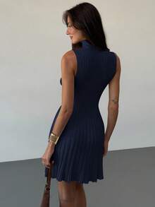 Aloruh Rochie mini minimalistă tricotată cu guler înalt, fără mâneci, în linie A, cu nervuri, pentru femei