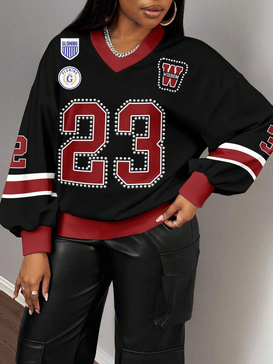 Slaydiva 2025 Autumn/Winter Casual Minimalist Jersey Design Sweatshirt, Number 23 Rhinestone-Effect Contrast Trim V-Neck Loose Fit Hoodie, Black