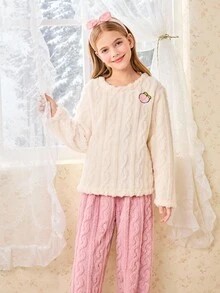 SHEIN 女童杏桃色刺绣上衣和粉色裤子睡衣套装 - 杏色 - 查看 5