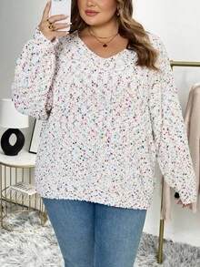 SHEIN CURVE+ Áo len chui đầu cổ chữ V nhiều màu sắc họa tiết lông xù cỡ lớn dành cho nữ, mùa thu/đông - trắng - Xem 8