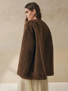 Cévolie 女式棕色长袖单排扣宽松休闲仿皮草夹克 - 棕色 - 查看 2