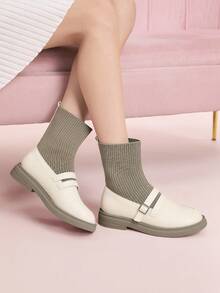 CUCCOO DOLLMOD Women's Thick Sole Loafer Sock Boots, Knitted Slim Ankle Boots, Beige, Casual College Style, Autumn/Winter - Apricot - View 5