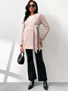 MaterniWear Maternity Work Fall,Autumn Solid Color Double-Breasted Long Sleeve Belted Casual Coat, Autumn/Winter - Pink - View 7
