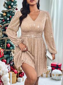 Roveilla 大码时尚亮片灯笼袖派对连衣裙 - 香檳色 - 查看 1