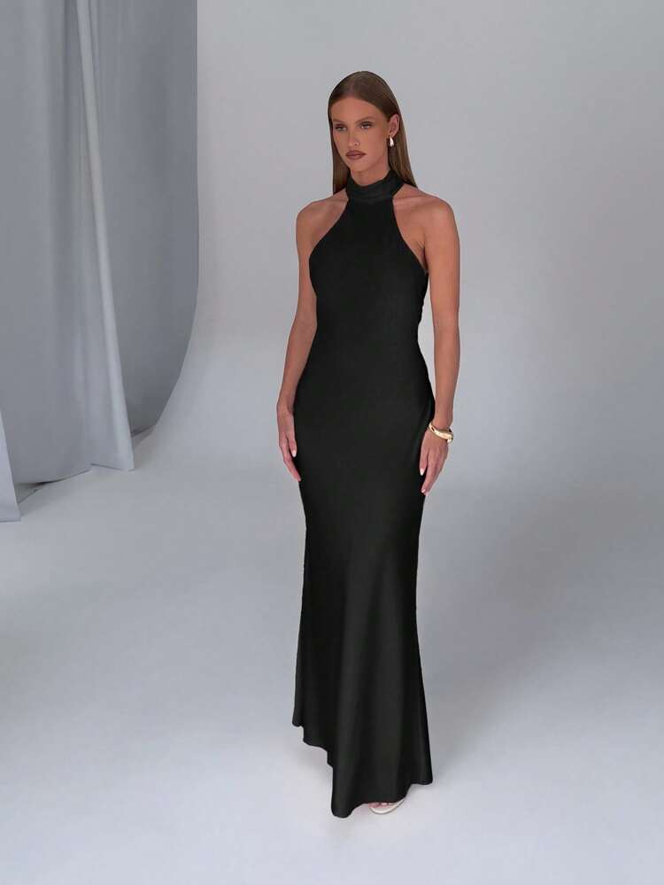 AiiRZ Halter Neck Satin Maxi Dress