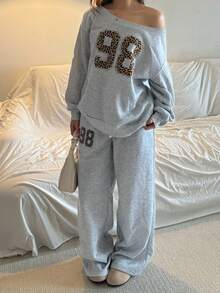SHEIN 2 件套青少年女孩数字图形宽领露肩宽松运动衫和厚阔腿裤套装，适合秋冬、Y2K、街头服饰 - 淺灰色 - 查看 6