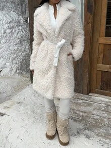 SHEIN EZwear 女士冬季加厚保暖休闲长袖仿毛皮大衣，时尚百搭，适合秋冬季、雪天、圣诞节等场合。 - 米色 - 查看 6