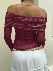 SHEIN Unity Autumn Off Shoulder Puff Ruffle Lace Fabric Sheer Long Sleeve Top - Red - View 2