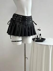Elamini 1pc Black Studded Lace-Up Low Waist Pleated A-Line Mini Skirt, Versatile & Sexy, For Holiday & Outdoor Wear