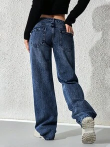 SHEIN ICON Women's Pocket Loose Wide Leg Casual Versatile Jeans - Dark Wash - View 2