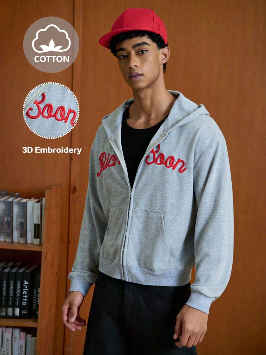 TOKVUE Áo nỉ có mũ trùm đầu in thêu túi khóa kéo dành cho nam, mùa thu - Màu Xám nhạt - Xem 1