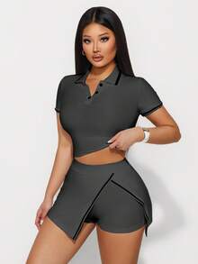 女式 Polo 领短袖修身 T 恤和不对称下摆裙裤休闲两件套 - 深灰色 - 查看 5