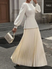 INAWLY Women's Extra Long Knitted Top Pleated Hem Dress - Apricot - View 2