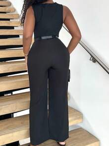 Alexandranx 1pc Women's Black Pleated Wide Leg Loose Jumpsuit With Belt, Casual Style, ,