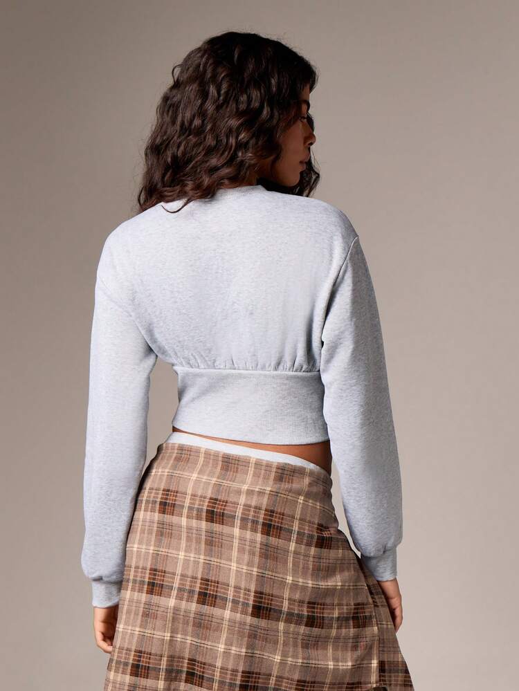 Cinched Waist Cropped Sweatshirt With Ribbed Trim And Crew Neck