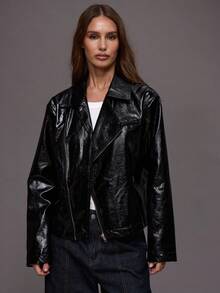 MUSERA Faux Leather Asymmetric Zip Through Collared Jacket Winter Night Out Going Out Streetwear Cute Back To School Sexy Uncut - Black - View 1