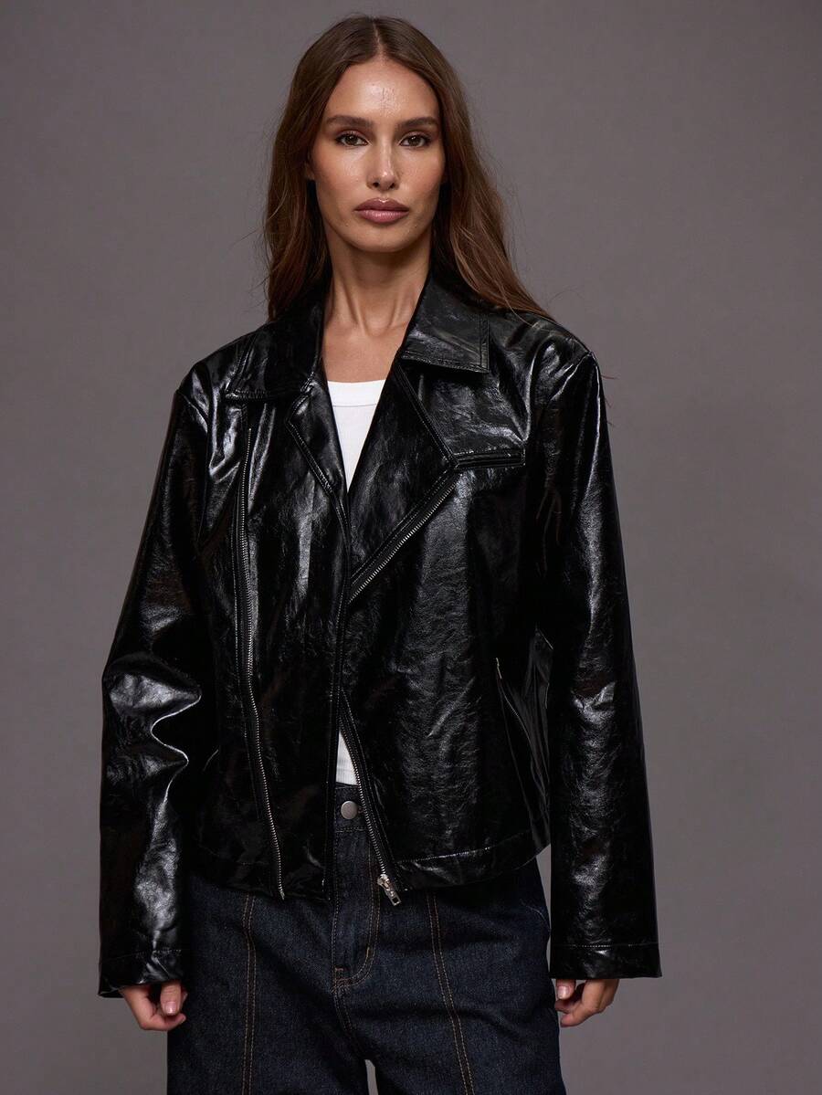 MUSERA Faux Leather Asymmetric Zip Through Collared Jacket Winter Night Out Going Out Streetwear Cute Back To School Sexy Uncut - Black - View 1