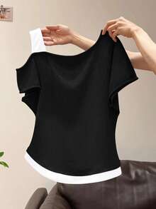 SHEIN Women's Asymmetric Shoulder 2 In 1 Short Sleeve T-Shirt, Summer - Black - View 2
