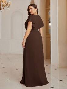 SHEIN Belle Plus Size Overlap Collar Waist Ruched Hem Slit Chiffon Dress - Coffee Brown - View 2