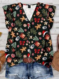 EMERY ROSE Christmas Gingerbread, Christmas Tree, Santa Hat Print Casual Minimalist Plus Size Cap Sleeve Shirt, Suitable For Party