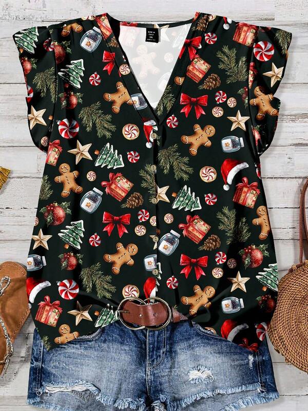 EMERY ROSE Christmas Gingerbread, Christmas Tree, Santa Hat Print Casual Minimalist Plus Size Cap Sleeve Shirt, Suitable For Party