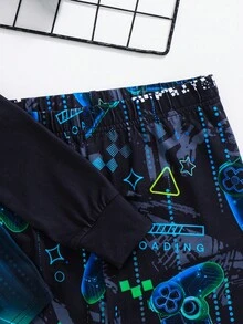 SHEIN 2pcs Tween Boy Snug Fit Glow Gaming Graphic Print Crew Neck Long Sleeve Top And Pants Comfortable Loungewear Set - Black - View 5