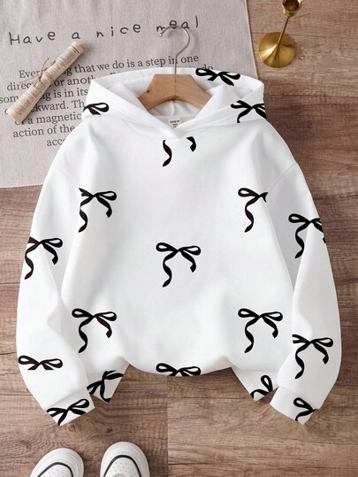 Back To School Girls Hollow Line Bow Print Hooded Sweatshirt, Fall Clothes Winter