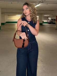 Jeta Ari Women Casual Single-Breasted Striped Denim Vest And Loose Wide-Leg Pants Set - Dark Wash - View 3