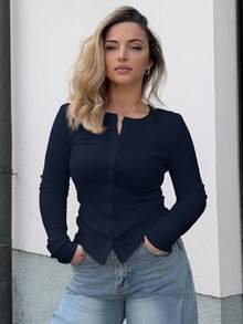 Jeta Ari 罗纹纽扣长袖圆领上衣休闲度假机场度假 - 藏蓝色 - 查看 9