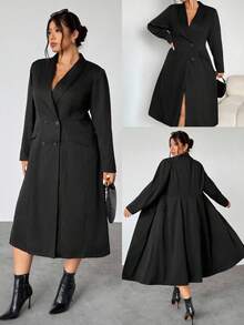 Firerie Plus Size Elegant Black Summer Formal Mandarin Collar Double Breasted Blazer Dress Women,Long Sleeve Flared Hem Tuxedo Jacket For Party,Weddings - Black - View 2