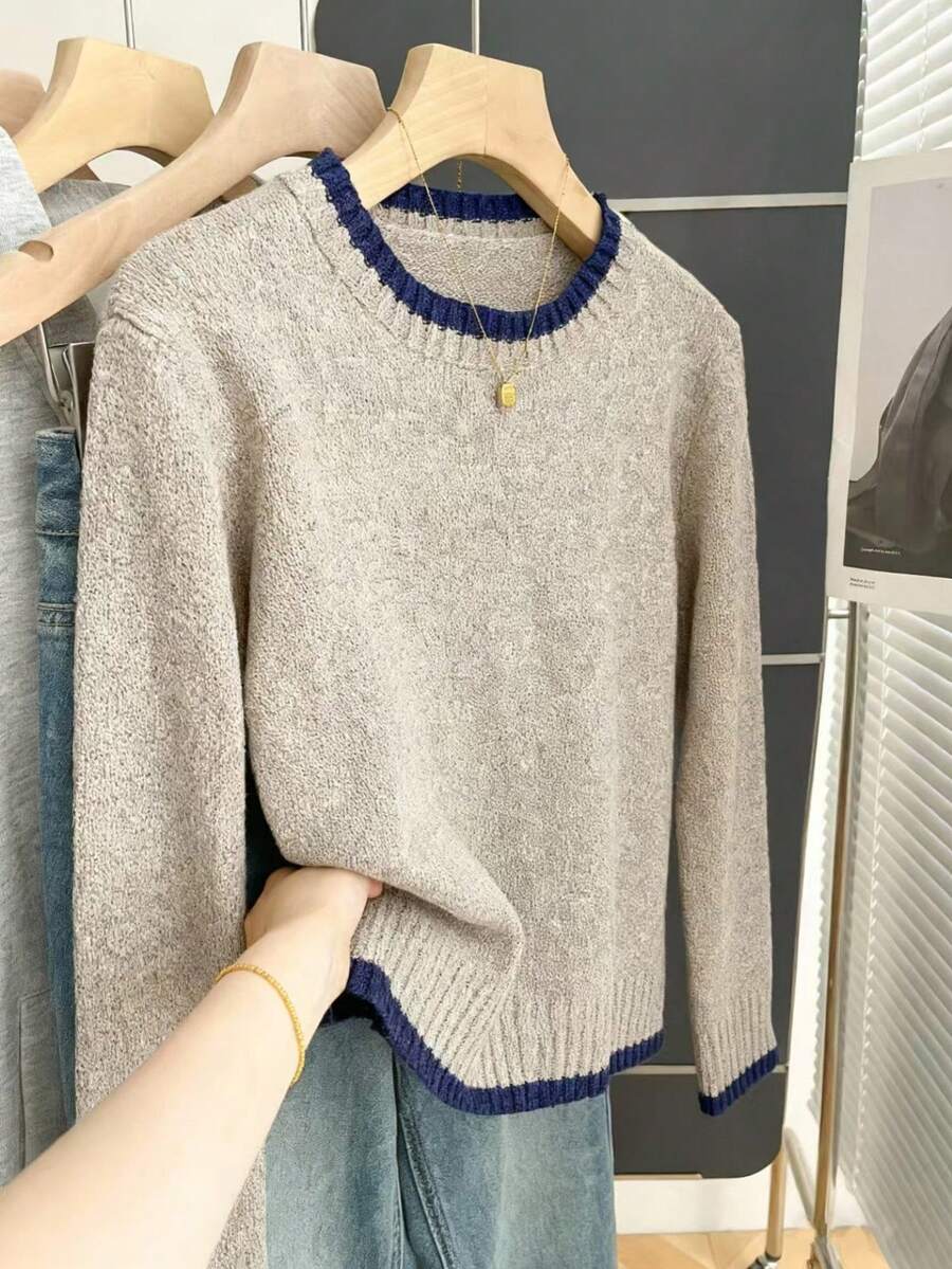 Resyla 常规宽松圆领撞色饰边长袖套头衫 - 淺灰色 - 查看 1