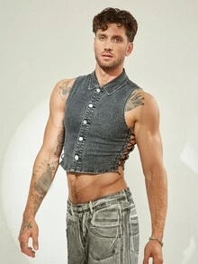 FeverCity Top en denim court à col rabattu, boutonnage simple, sans manches, avec œillets latéraux et lacets pour homme - Noir - Voir 5