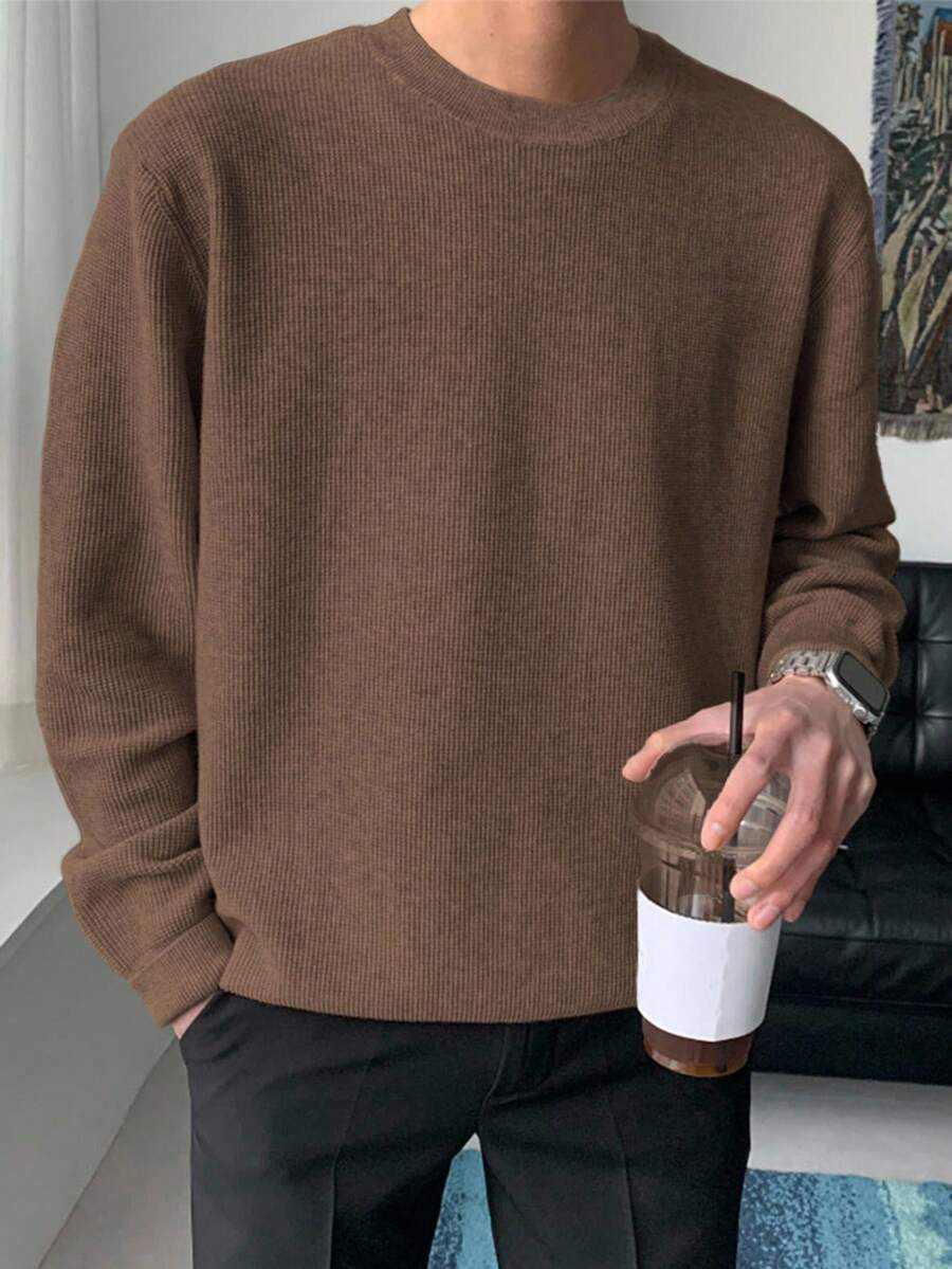 DAZY 男士纯棕色圆领毛衣，秋季 - 鏽棕色 - 查看 1