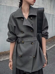 FRIFUL 女士纯色翻领纽扣收腰修身袖口休闲风衣外套，秋季百搭常规版型女式大衣 - 灰色 - 查看 1