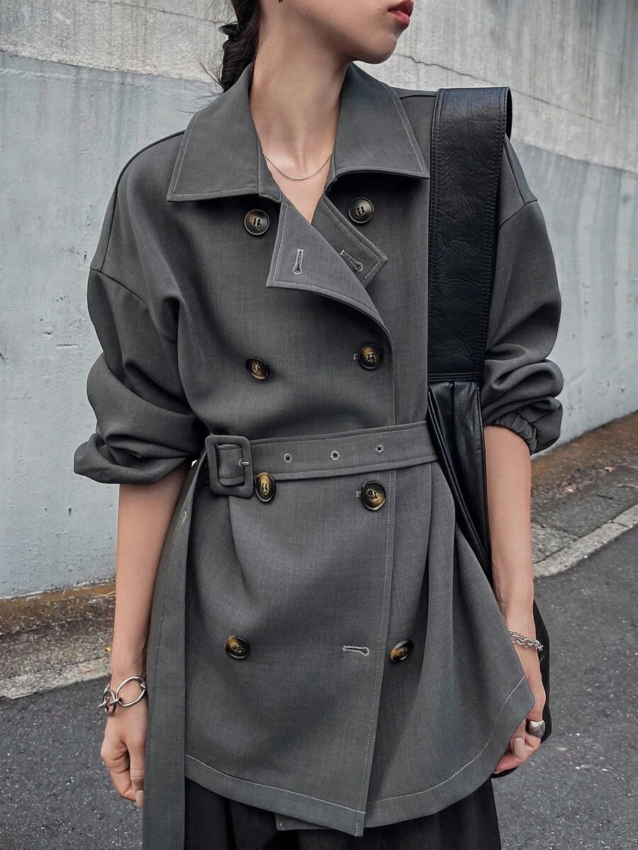 FRIFUL 女士纯色翻领纽扣收腰修身袖口休闲风衣外套，秋季百搭常规版型女式大衣 - 灰色 - 查看 1